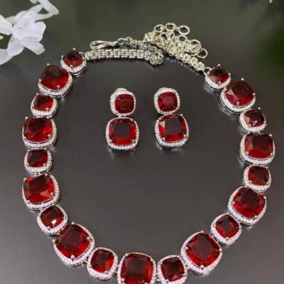 Red CZ Diamond Choker Necklace With Earrings