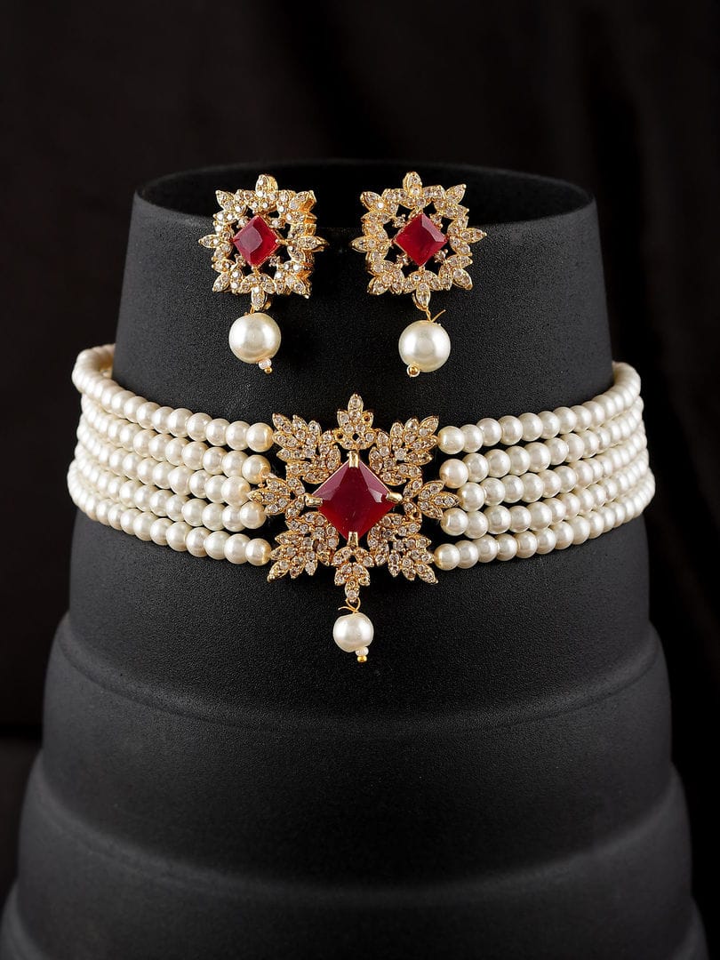Pearl Choker Set With American Diamond - Image 2