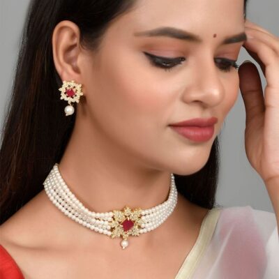 Pearl Choker Set With American Diamond