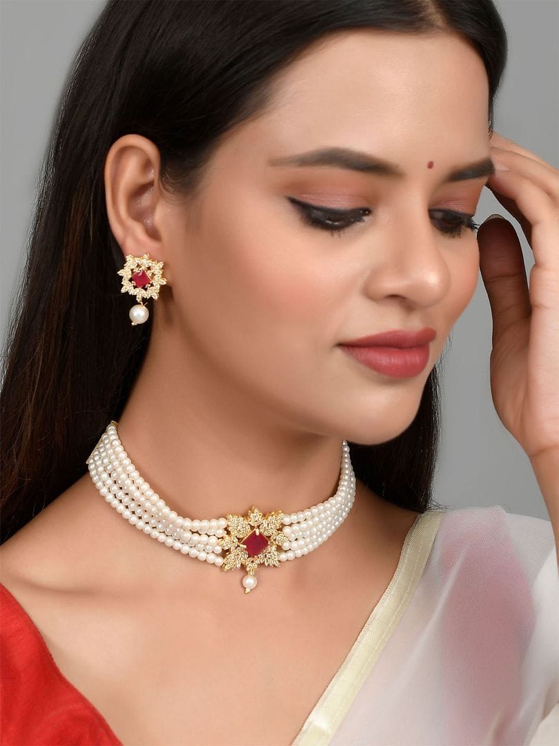 Pearl Choker Set With American Diamond