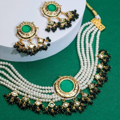 Green Kundan Multilayer Pearl Gold Plated Choker Jewellery Set