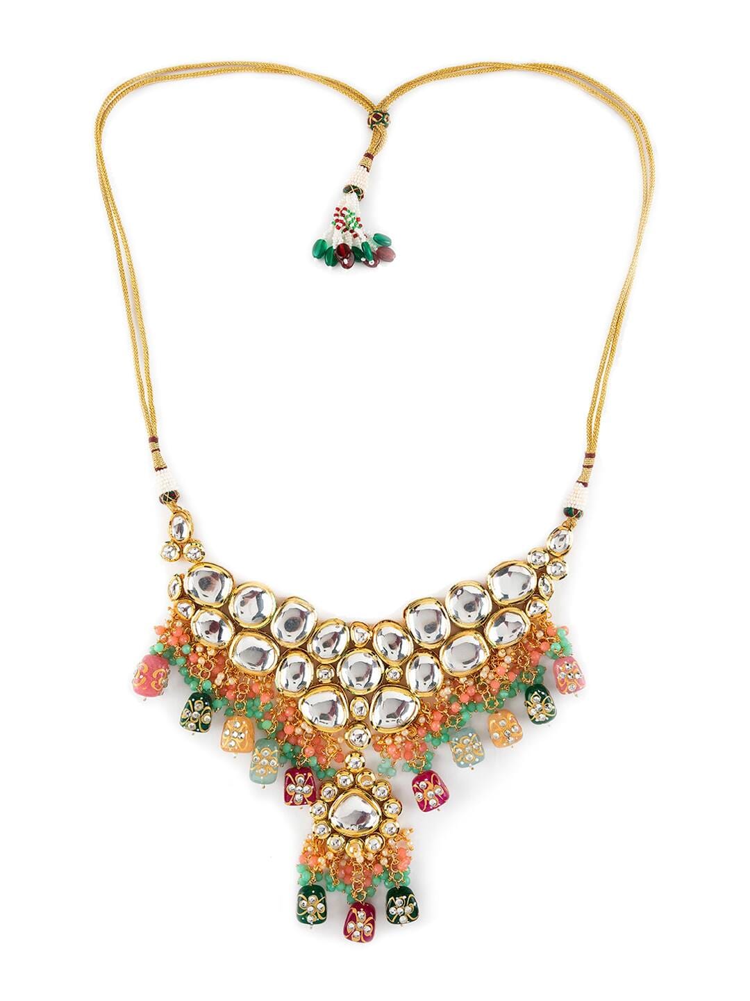 Multicolor Kundan Beaded Gold Plated Jewellery Set with Maangtikka - Image 4