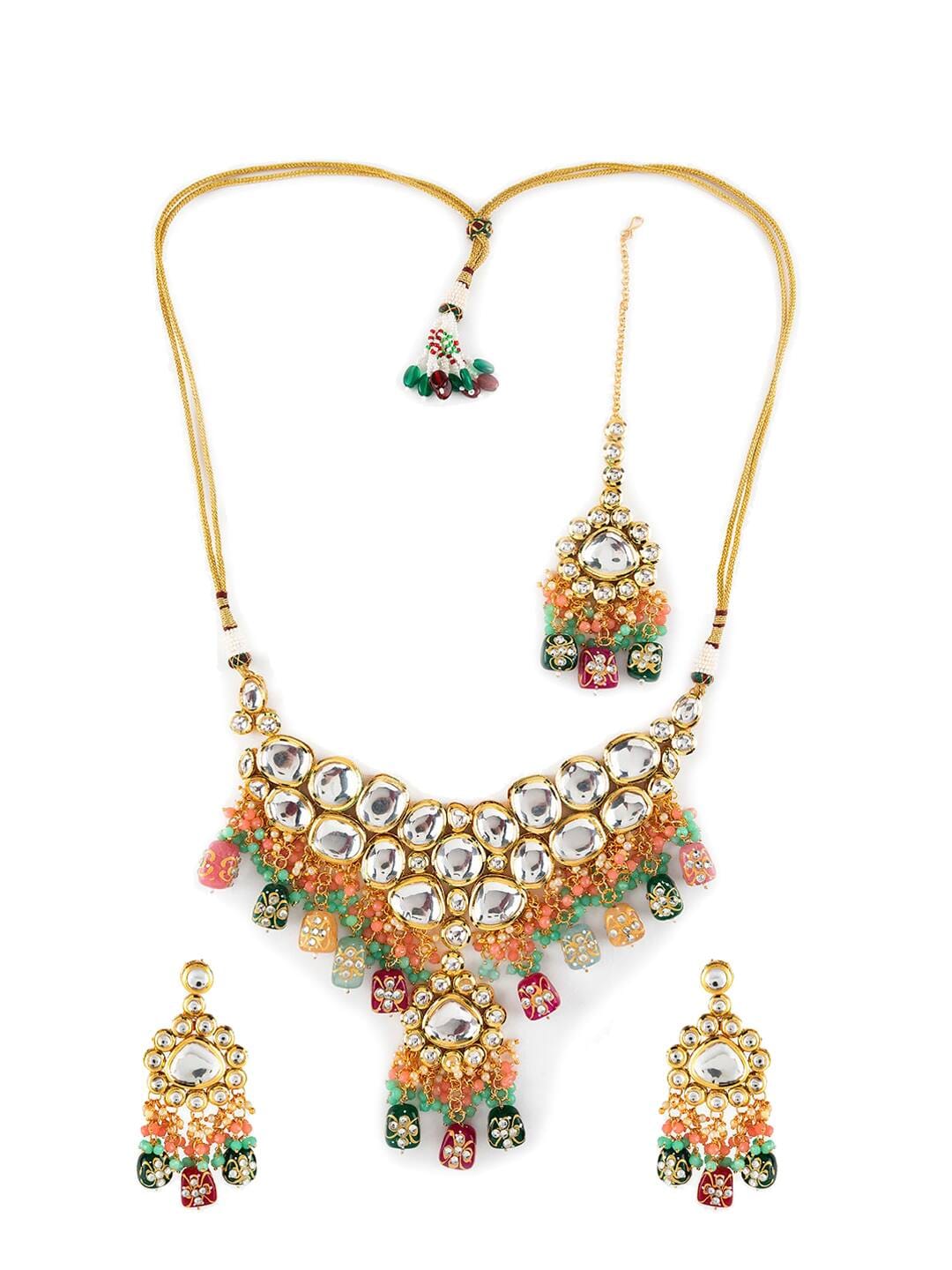 Multicolor Kundan Beaded Gold Plated Jewellery Set with Maangtikka - Image 3