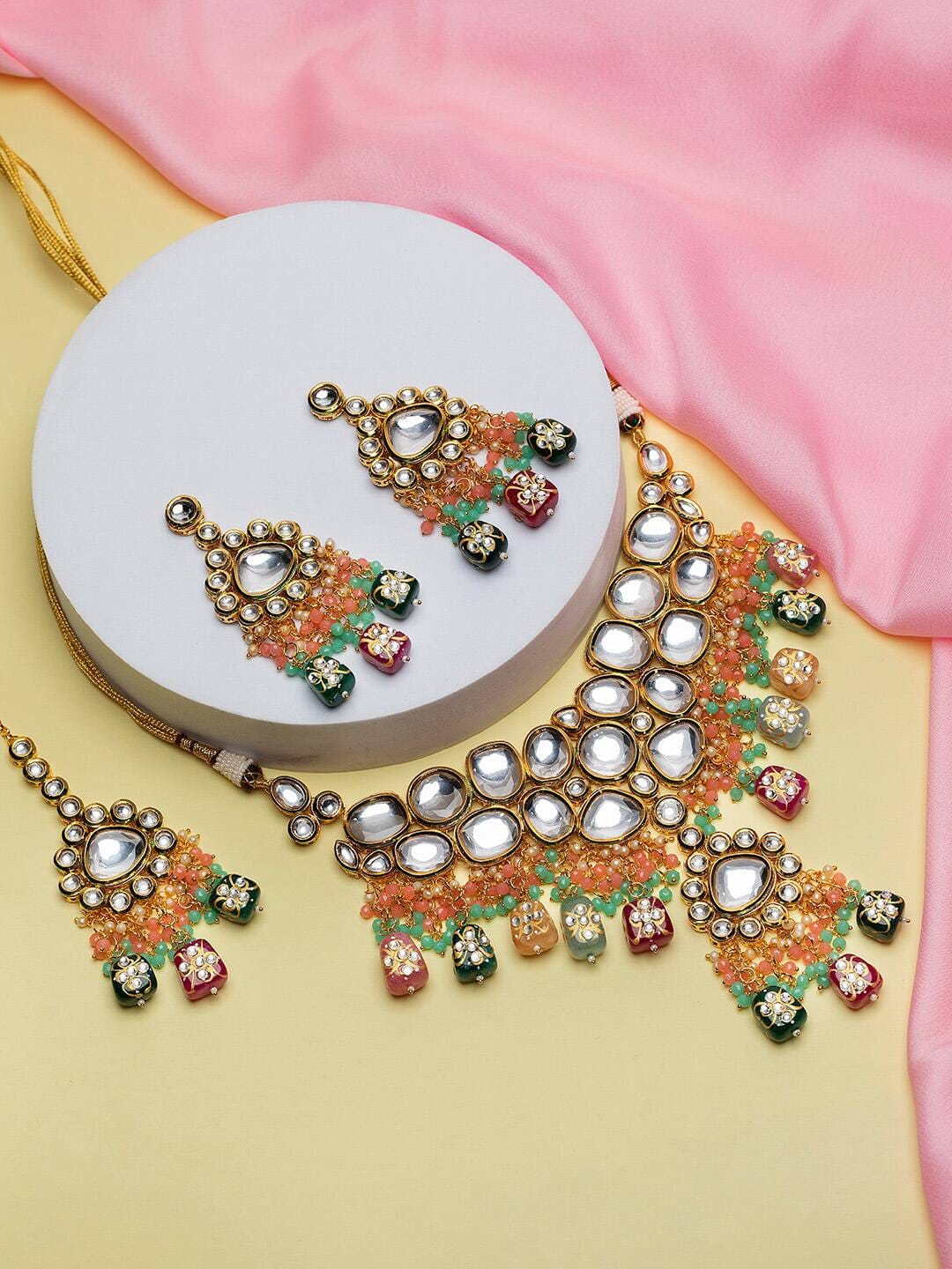 Multicolor Kundan Beaded Gold Plated Jewellery Set with Maangtikka - Image 2