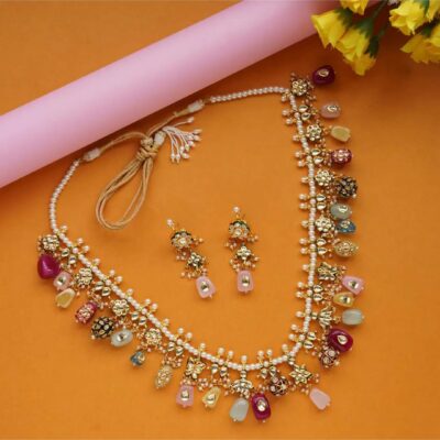 Gold Plated Kundan Elegant Navratna Multi Color Necklace Set