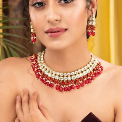 Gold Plated & Red Kundan Studded Handcrafted Jewellery Set