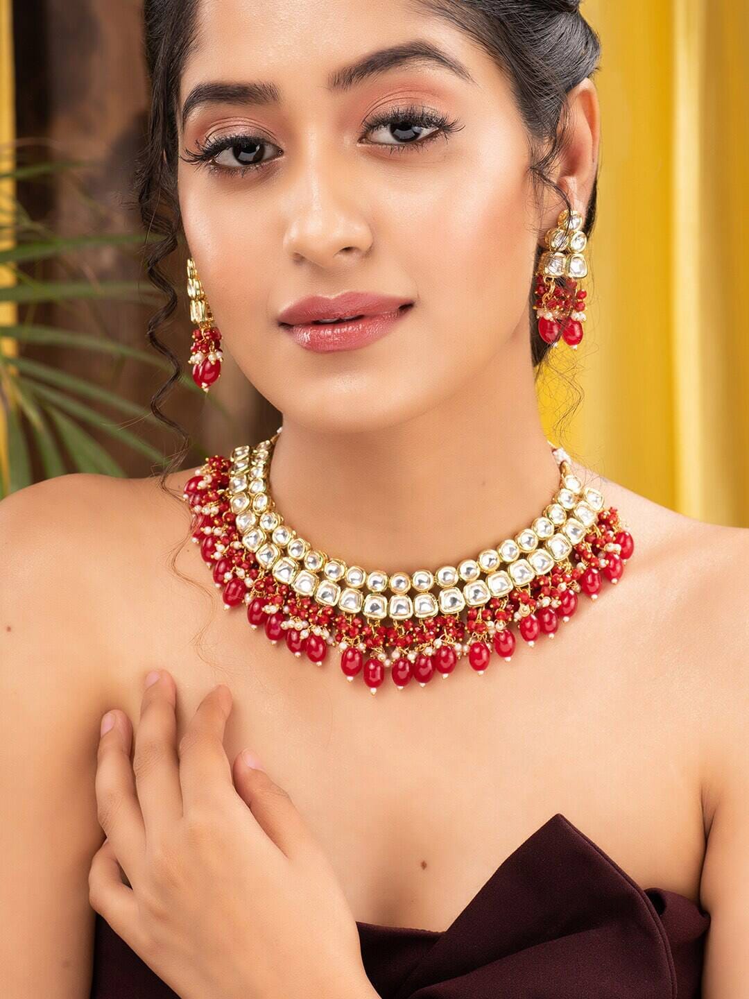 Gold Plated & Red Kundan Studded Handcrafted Jewellery Set