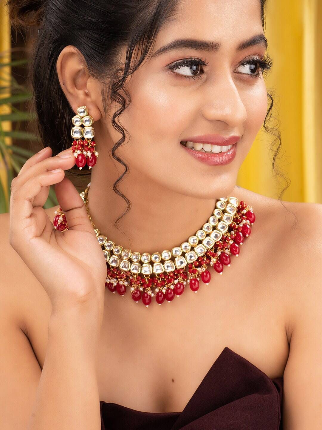 Gold Plated & Red Kundan Studded Handcrafted Jewellery Set - Image 2