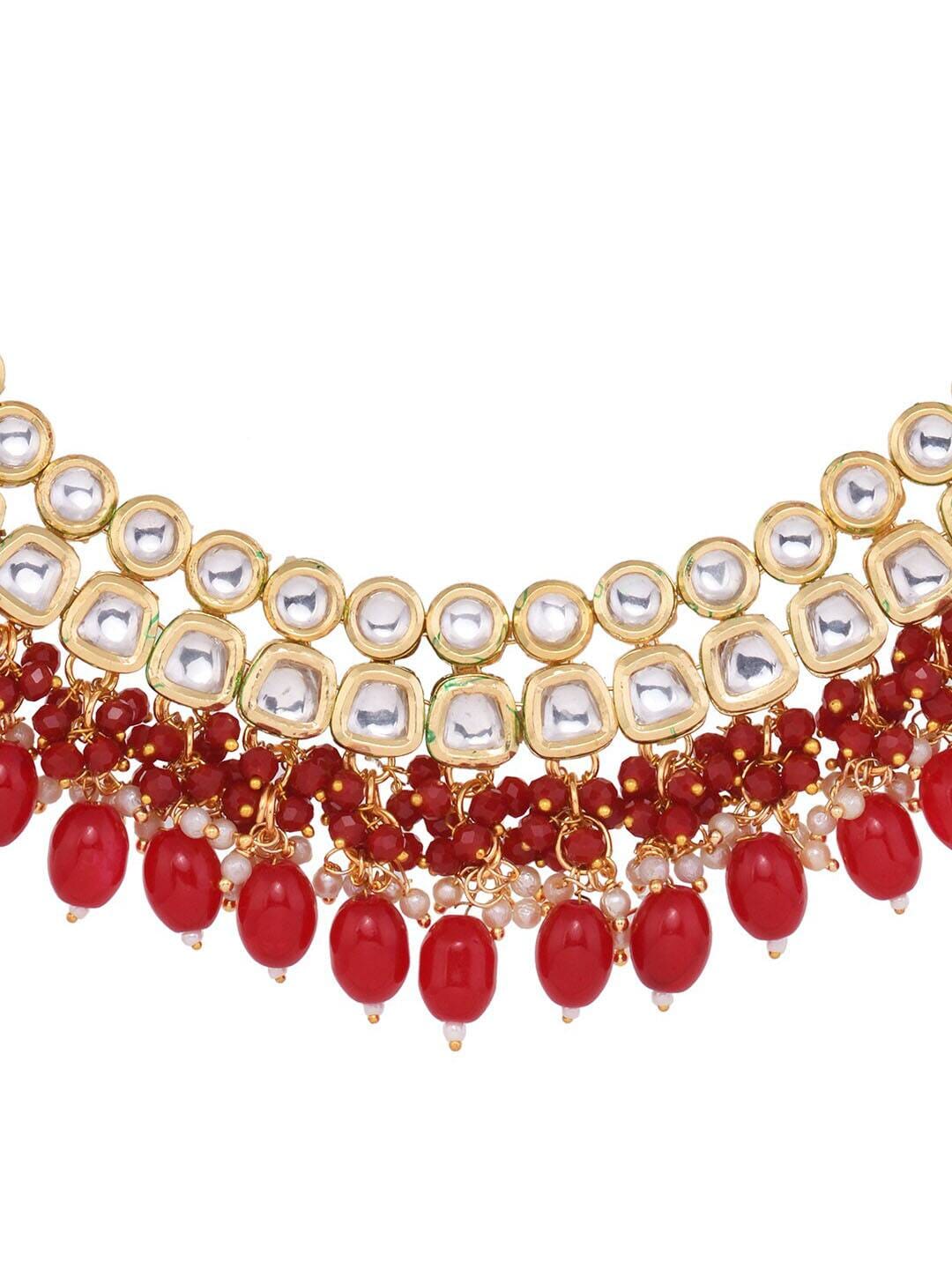 Gold Plated & Red Kundan Studded Handcrafted Jewellery Set - Image 5