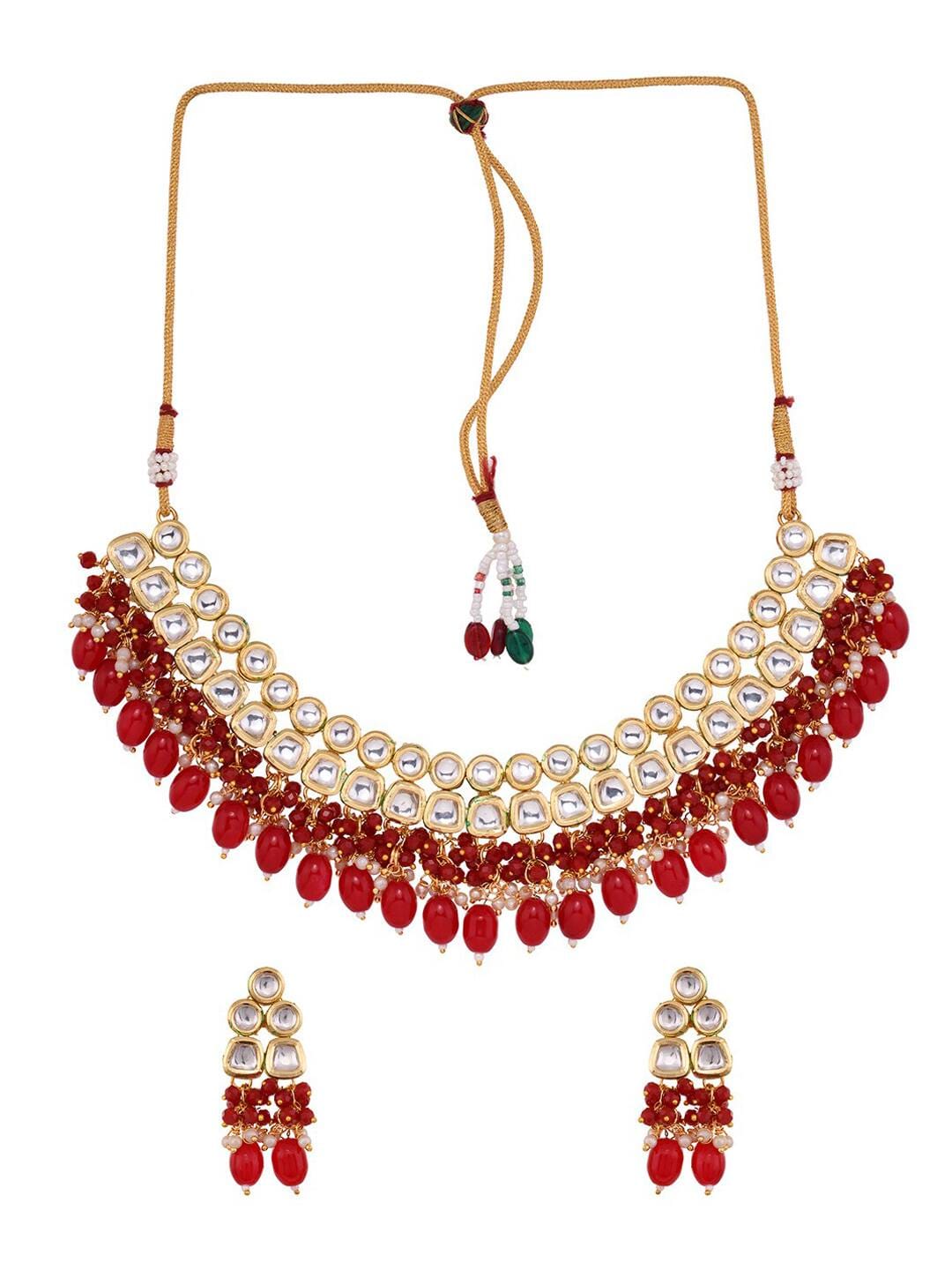Gold Plated & Red Kundan Studded Handcrafted Jewellery Set - Image 4