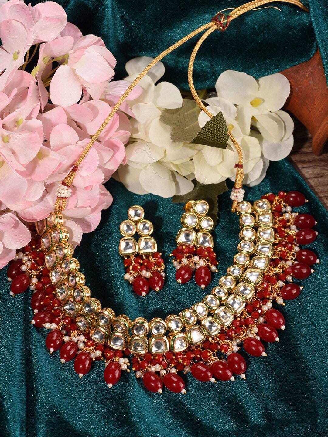 Gold Plated & Red Kundan Studded Handcrafted Jewellery Set - Image 3
