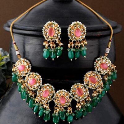 Green Pink Gold Tone Kundan Necklace Set