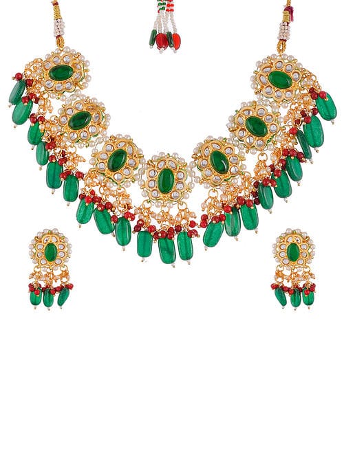 Gold Platead Handcrafted Green Kundan Necklace Set - Image 4