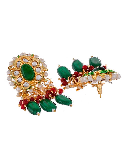 Gold Platead Handcrafted Green Kundan Necklace Set - Image 6