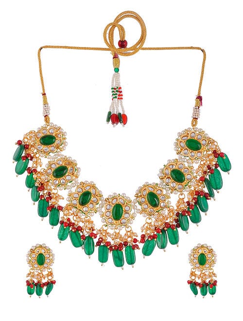 Gold Platead Handcrafted Green Kundan Necklace Set - Image 3