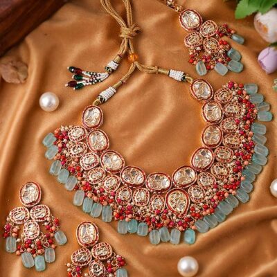 Gold-Plated CZ-Studded & Beaded Necklace With Earrings