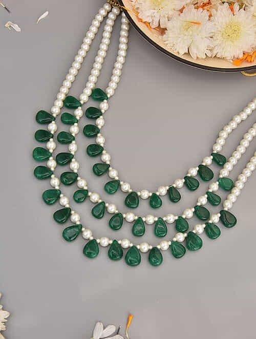 Dark Green And White Pearl Layered Necklace