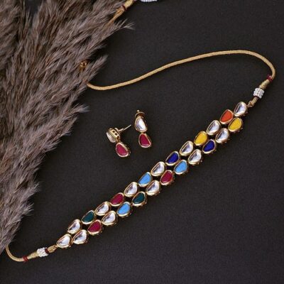 Gold Finish Multi-Colored Kundan Polki Handcrafted Choker Necklace Set