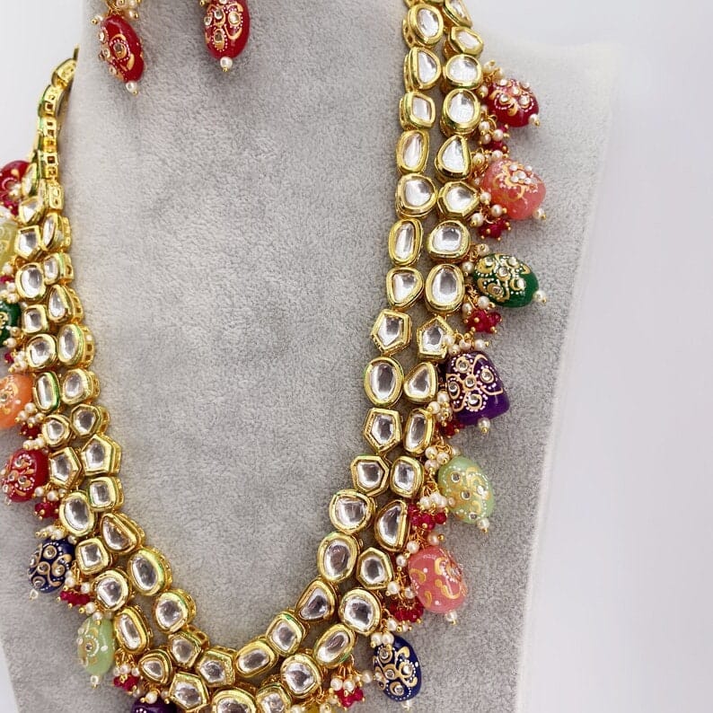 Navratan Meenakari Kundan Hand Painted Onyx Necklace - Image 6