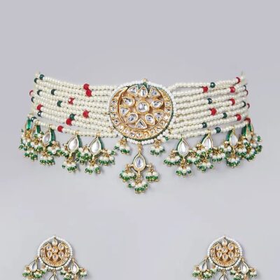 Gold Plated Pearl & Kundan Polki Choker Necklace Set