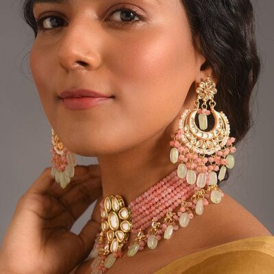 Gold Plated Meenakari Kundan, Emerald & Pearls Layered Necklace With Earrings