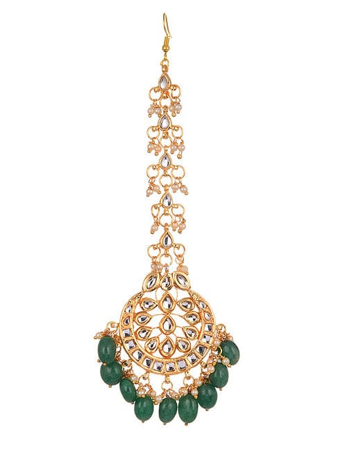 Green Floral Kundan Gold-Plated Necklace With Earring & Maangtikka - Image 5