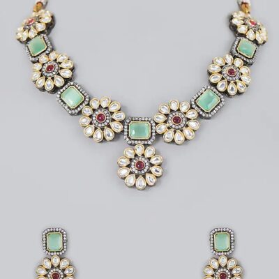 Gold Finish Kundan Polki Necklace Set