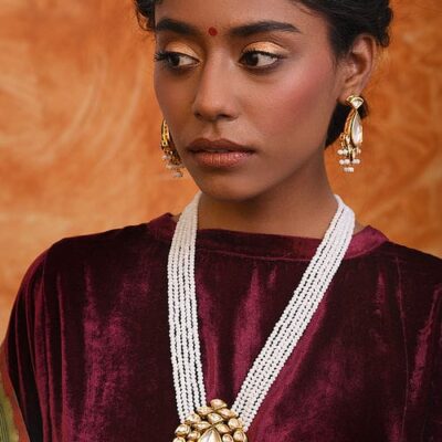 White Kundan Beads Gold Plated Necklace With Earrings