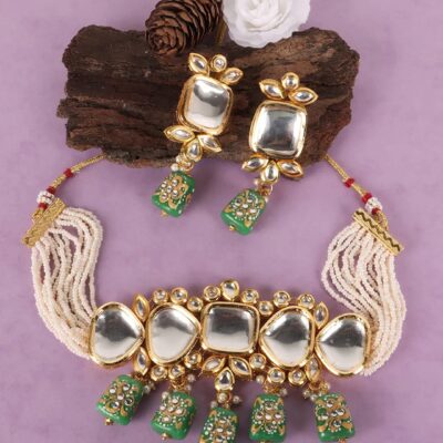 Gold Plated Green & White Kundan-Studded & Pearl Beaded Jewellery Set