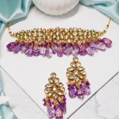 Gold Plated Kundan And Beads Embellished Choker Necklace Set