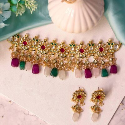 Gold-Plated Kundan-Studded Red & Green Ruby Emerald Beads Traditional Choker Jewellery