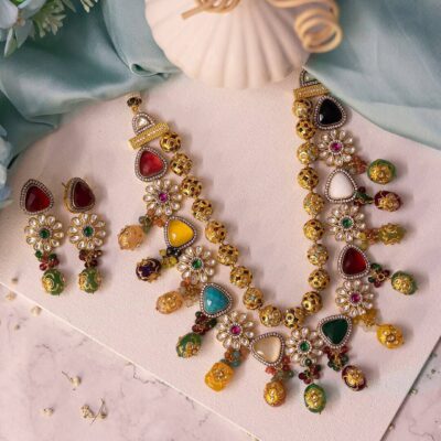 Multicolored Beads Statement Kundan Choker Necklace and Earring