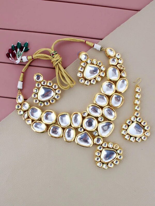 Gold-Plated Kundan-Studded & Pearls Beaded Necklace With Earrings & Maangtikka