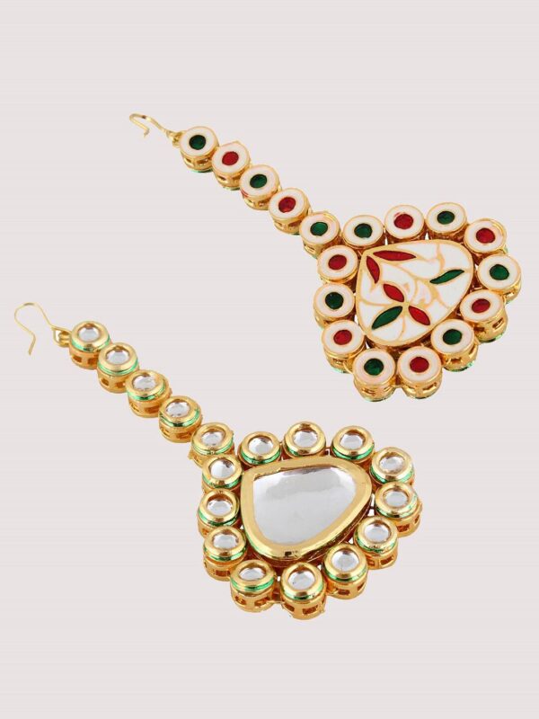 Gold-Plated Kundan-Studded & Pearls Beaded Necklace With Earrings & Maangtikka - Image 6