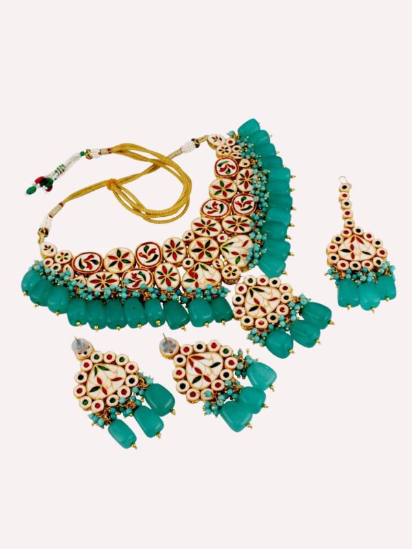 Gold-Plated Kundan-Studded & Pearls Beaded Necklace With Earrings & Maangtikka - Image 2
