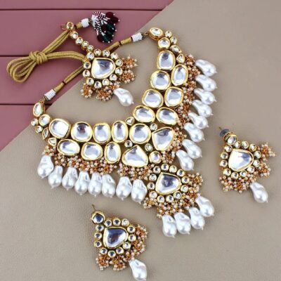 Gold-Plated Kundan-Studded & Pearls Beaded Necklace With Earrings & Maangtikka
