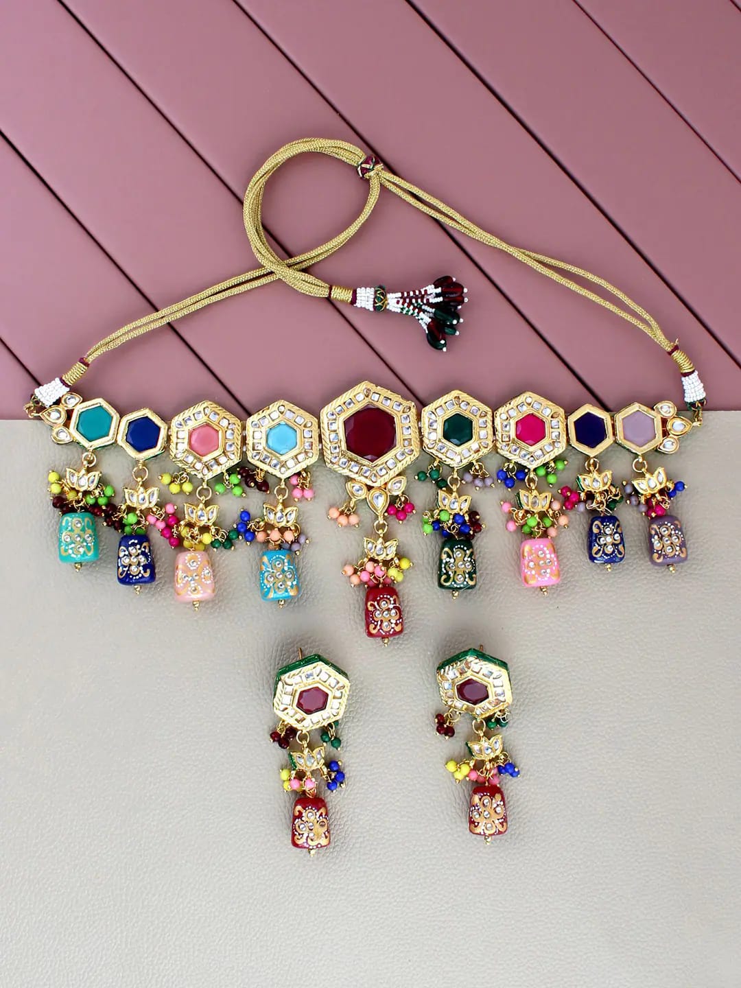 Gold Plated Multicolor Stone Kundan Necklace Set - Image 3