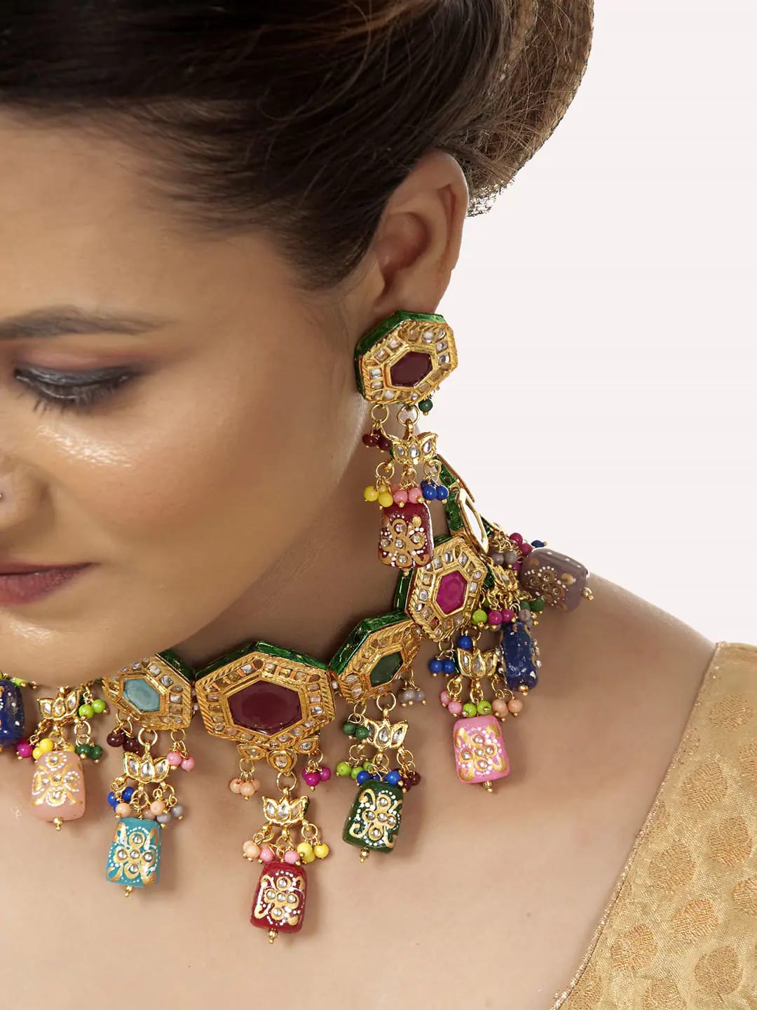 Gold Plated Multicolor Stone Kundan Necklace Set - Image 2