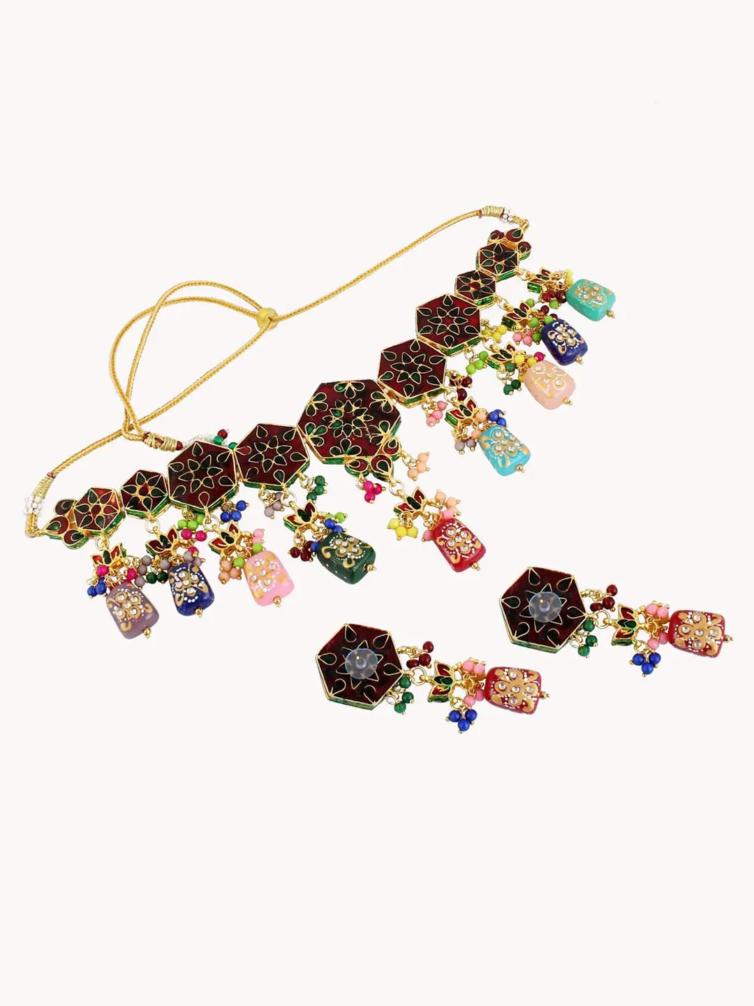 Gold Plated Multicolor Stone Kundan Necklace Set - Image 4