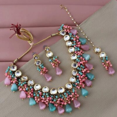 Pink & Mint Green Handmade Kundan Necklace With Earrings & Maangtikka