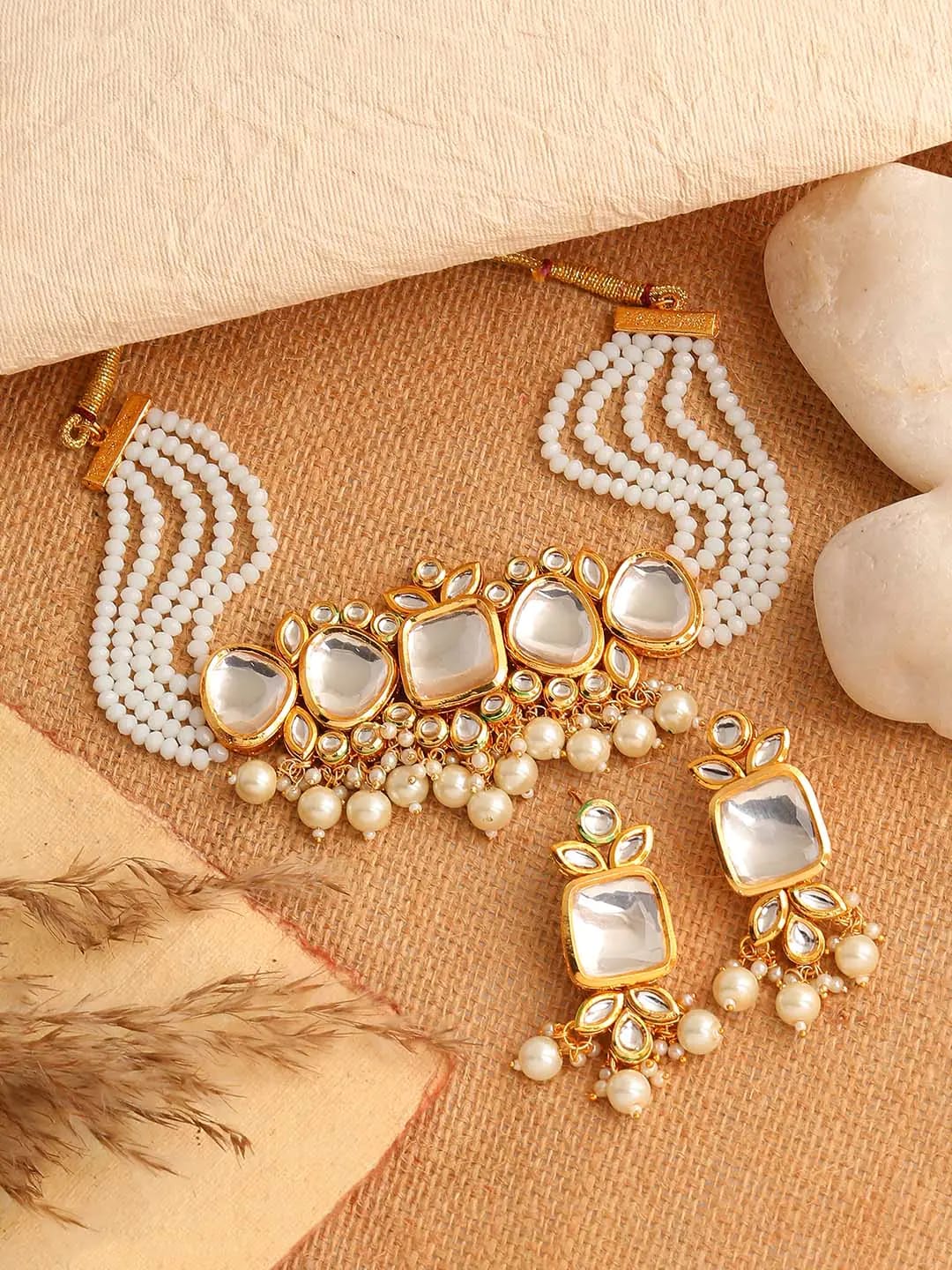 Gold Plated White Kundan-Studded Jewellery Set