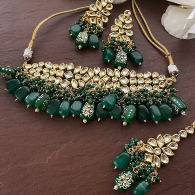 Green and Gold Tone Inspired by Sabyasachi Kundan Choker Necklace Set