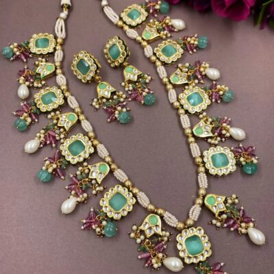 Designer Gold Plated Long Kundan Necklace With Earrings
