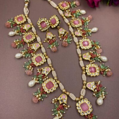 Designer Gold Plated Long Kundan Necklace With With Earrings