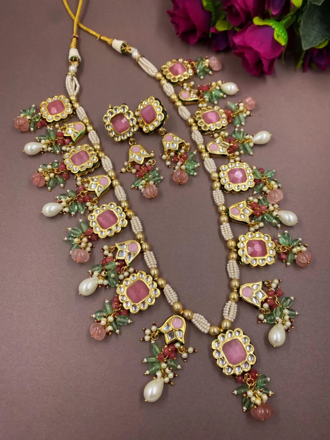 Designer Gold Plated Long Kundan Necklace With With Earrings