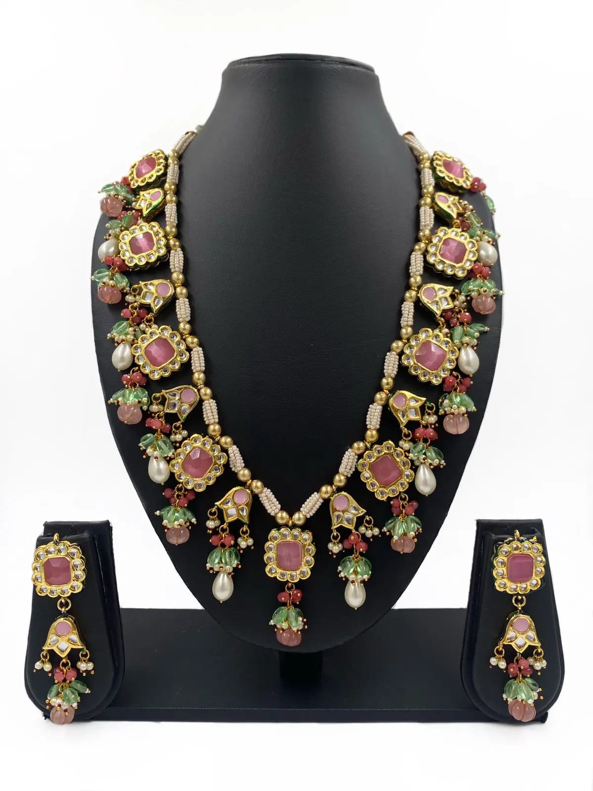 Designer Gold Plated Long Kundan Necklace With With Earrings - Image 2