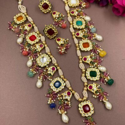Designer Gold Plated Long Kundan Necklace With Multi Color Stones