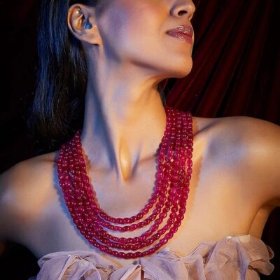 Long Layered Ruby & Pearls Necklace