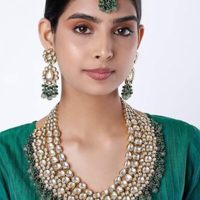 Gold Finish Kundan Polki & Emerald Beaded Necklace With Earrings & Maangtikka