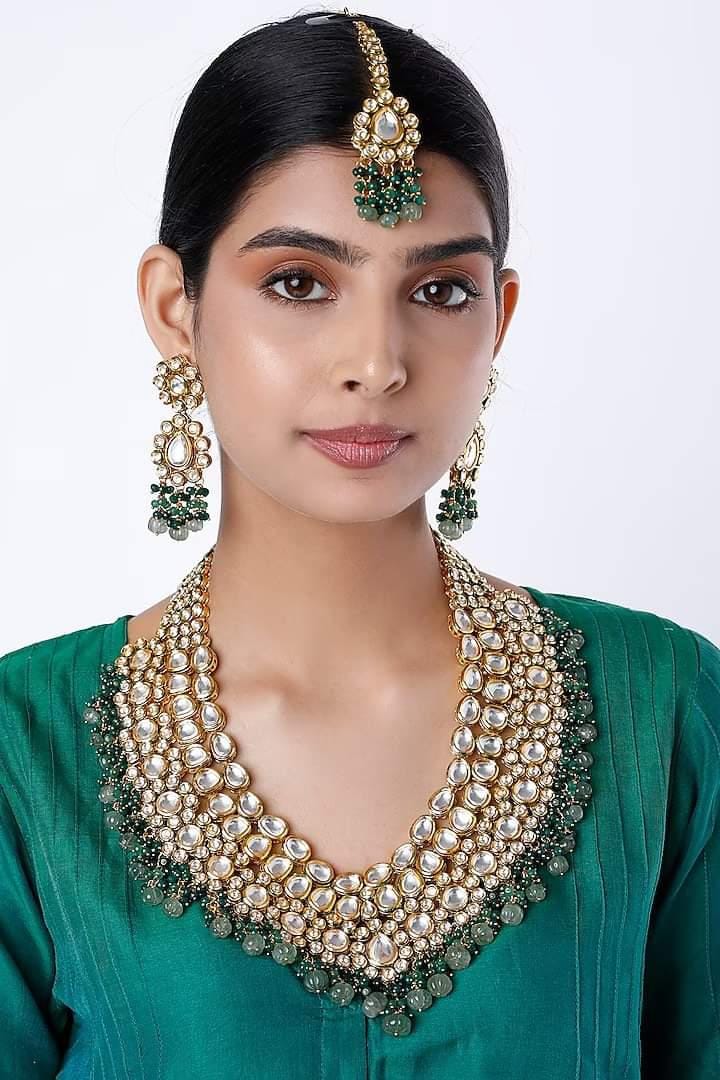 Gold Finish Kundan Polki & Emerald Beaded Necklace With Earrings & Maangtikka